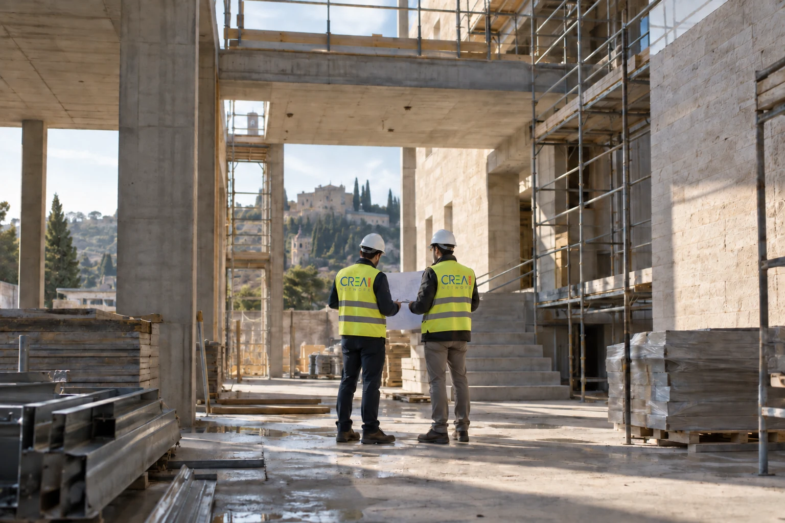 Cantiere con strutture in costruzione e tecnici che esaminano gli elaborati