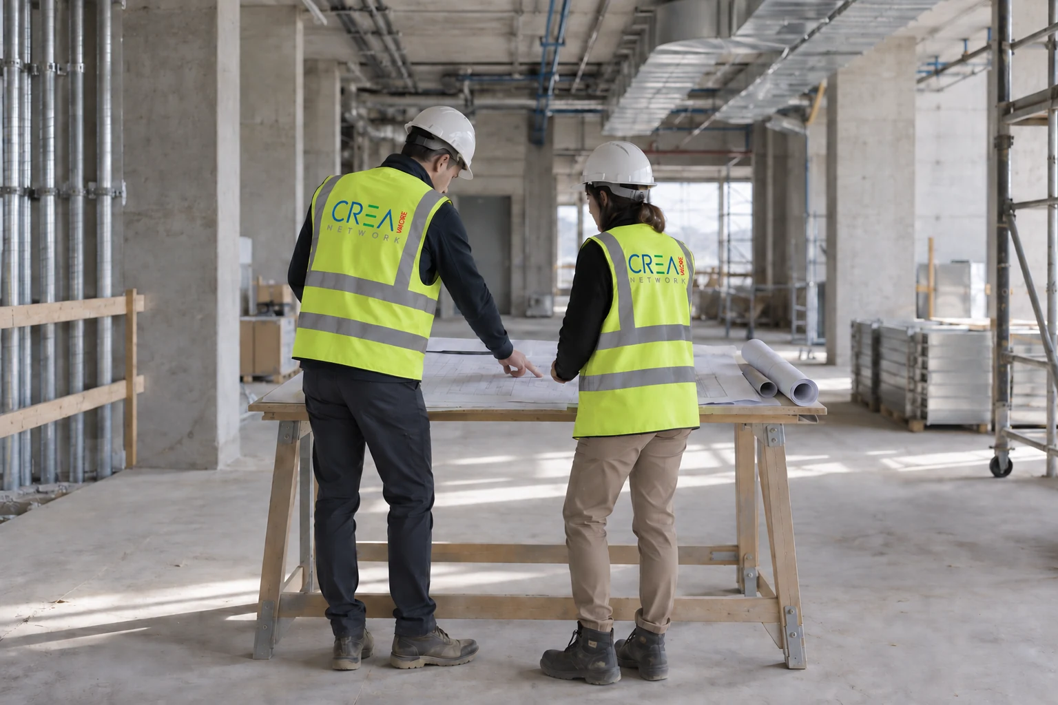 Due professionisti con dispositivi di protezione che confrontano gli elaborati in cantiere