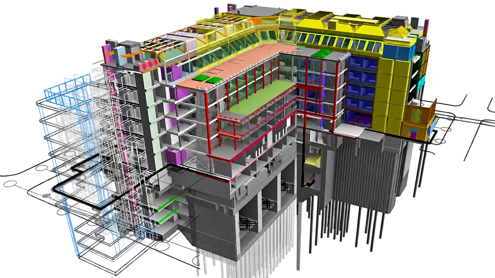 Vista assonometrica di un modello BIM con architettura, strutture e reti impiantistiche a vista